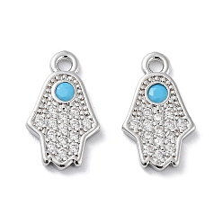 Real Platinum Plated Brass Micro Pave Clear Cubic Zirconia Charms, with Glass, Hamsa Hand Charms, Real Platinum Plated, 13.5x8x1.5mm, Hole: 1.4mm