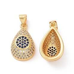 Blue Brass Micro Pave Cubic Zirconia Pendants, Real 18K Gold Plated, Teardrop with Flat Round Pattern Charm, Blue, 19.5x11x7mm, Hole: 3.5x4mm