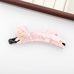 Pink Cute Cat Cellulose Acetate Banana Hair Clips, with Rhinestone, Hair Accessories for Girls, Pink, 110x37x18mm