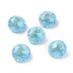 Aquamarine Crackle Moonlight Style Glass Rhinestone Cabochons, Pointed Back, Flat Round, Aquamarine, 10x5.6mm