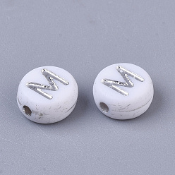 Letter M Plating Acrylic Beads, Silver Metal Enlaced, Horizontal Hole, Flat Round with Letter, White, Letter.M, 7x4mm, Hole: 1.2mm, about 3600pcs/500g.