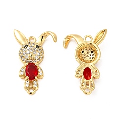 Crimson Rack Plating Brass Micro Pave Clear Cubic Zirconia Connector Charms, Rabbit Links, with Faceted Glass, Cadmium Free & Lead Free, Real 18K Gold Plated, Crimson, 28x17x4.5mm, Hole: 1.8mm