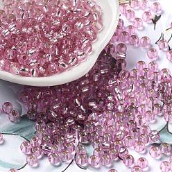Pink Glass Seed Beads, Silver Lined, Round Hole, Round, Pink, 4x3mm, Hole: 1.2mm, 6429pcs/pound