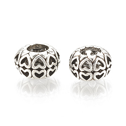 Antique Silver Alloy European Beads, Large Hole Beads, Hollow, Rondelle with Heart, Antique Silver, 11x7.5mm, Hole: 5mm