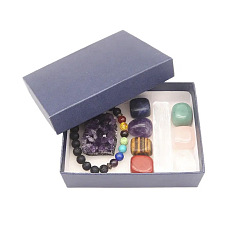 Colorful Gemstone Cube & Nuggets Display Decoration & Bracelet Set, Healing Stone for Reiki Chakra Meditation Therapy Decos, with Rectangle Box, Colorful, 80x50x27mm