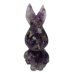 Amethyst Resin Rabbit Display Decoration, with Natural Amethyst Chips Inside for Home Office Desk Decoration, 45x50x95mm