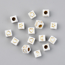 Golden Plated Vacuum Plating Acrylic Beads, Opaque, Cube with Mixed Shaped, White, Golden Plated, 6x6x6mm, Hole: 3mm, 2900pcs/500g