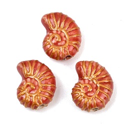 Малиновый Фарфоровые бусины ручной работы, золотой металл обвитыми, спиральная оболочка, малиновый, 21x16x9 мм, отверстие : 2 мм