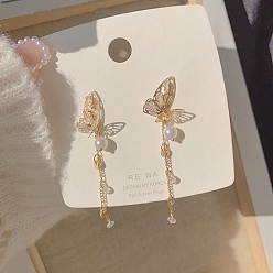 Butterfly Alloy Rhinestone Dangle Earrings for Women, Imitation Pearl Beads Stud Earrings, with 925 Sterling Silver Pin, Butterfly, 10mm