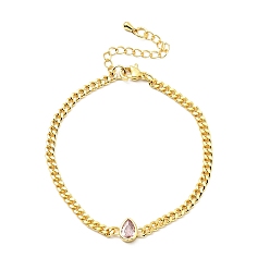 Pearl Pink Cubic Zirconia Teardrop Link Bracelet with Curb Chains, Gold Plated Brass Jewelry for Women, Lead Free & Cadmium Free, Pearl Pink, 7 inch(17.7cm)