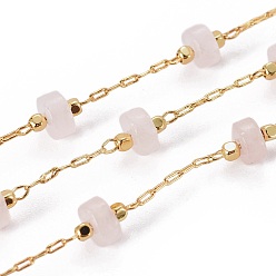 Rose Quartz Handmade Natural Rose Quartz Beaded Chains, with Brass Chains, with Spool, Long-Lasting Plated, Soldered, Golden, 5.5~6mm, Llink: 5.5~6x4~4.5mm and 2x1x0.2mm, about 32.8 Feet(10m)/roll