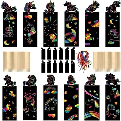 Unicorn Scratch Rainbow Painting Art Paper, DIY Animal Bookmark, with Paper Card, Wood Sticks , Horse, 15x4.5cm, 12pcs/set