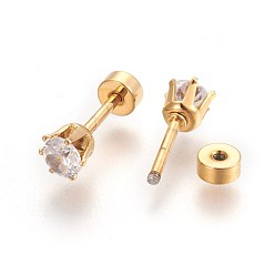 Golden 304 Stainless Steel Earlobe Plugs, Screw Back Earrings, with Rhinestone, Crystal, Golden, 13mm, Rhinestone: 4.5x4mm, Pin: 1mm