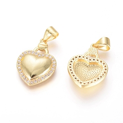 Golden Brass Micro Pave Cubic Zirconia Pendants, Long-Lasting Plated, Heart, Golden, 21x14x3mm, Hole: 5x3mm