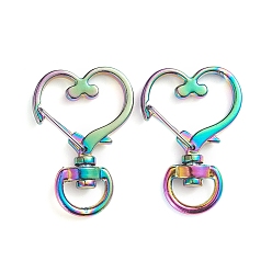 Rainbow Color Alloy Swivel Lobster Clasps, Swivel Snap Hook, Heart, Rainbow Color, 34x24x5mm, Hole: 4x9.5mm