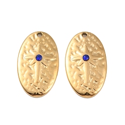 Sapphire Ion Plating(IP) 304 Stainless Steel Pendants, with Rhinestone, Real 18K Gold Plated, Oval with Star Charm, Sapphire, 19.5x11.5x2.5mm, Hole: 1.2mm