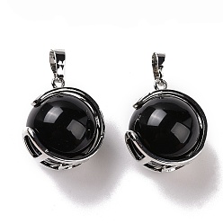 Obsidian Natural Obsidian Pendants, Ball Sphere Charms with Platinum Tone Brass Findings, 24x21x18mm, Hole: 8x5mm