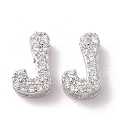 Letter J 925 Sterling Silver Micro Pave Cubic Zirconia Beads, Real Platinum Plated, Letter J, 9x5.5x3.5mm, Hole: 2.5x1.5mm