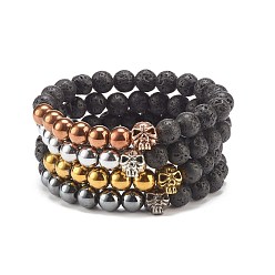 Mixed Color 4Pcs 4 Color Natural Lava Rock & Synthetic Hematite Round Beaded Stretch Bracelets Set, Essential Oil Gemstone Bracelets with Alloy Skull for Halloween, Mixed Color, Inner Diameter: 2 inch(5cm), 1Pc/color