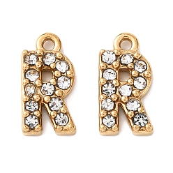 Letter R Ионное покрытие (ip) 304 подвески со стразами из нержавеющей стали, золотые, Буква R, 10x5x2, отверстие : 1 мм