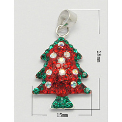 Красный Подвески серебро, с эмалью и стразами, рождественская елка, красные, Размер : длиной около 28 мм , шириной 15 мм , толщиной 3.5 мм , отверстие : 3.5 мм
