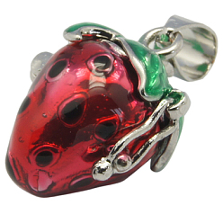 Red Brass Prayer Box Pendants, Enameled Style, Strawberry, Red, 20x15mm, Hole: 4mm