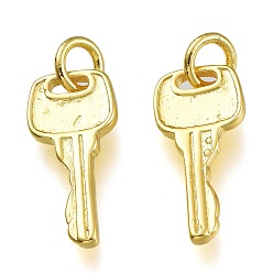 Golden Brass Pendants, with Jump Rings, Long-Lasting Plated, Key, Golden, 16x7x1.5mm, Hole: 3mm