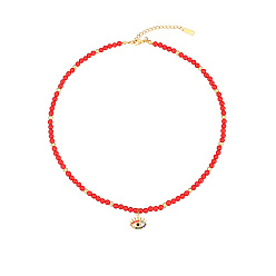 Carnelian Natural Carnelian Beaded Necklaces, with Golden Plated Metal Eye Charms, 15.75 inch(40cm), Charm: 13.7x13.8mm