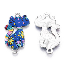 Royal Blue Printed Alloy Kitten Connector Charms, with Enamel, Cartoon Cat Links, Cadmium Free & Lead Free, Platinum, Royal Blue, 29.5x16.5x2mm, Hole: 1.8mm