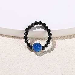 Natural Agate Natural Black Spinel Beads Finger Rings, Natural Blue Agate Stretch Rings for Men Women, Inner Diameter: 18mm