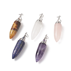 Mixed Stone Natural & Synthetic Mixed Gemstone Pointed Big Pendants, with Jump Ring, Bullet Charms with Platinum Plated Brass Findings, 51~52x11.7~12.3mm, Hole: 6mm