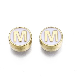 Letter M Alloy Enamel Beads, Cadmium Free & Lead Free, Light Gold, Flat Round with Alphabet, White, Letter.M, 8x4mm, Hole: 1.5mm