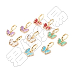 Golden Butterfly Enamel Dangle Huggie Hoop Earrings, Alloy Charm Drop Earrings for Girl Women, Golden, Mixed Color, 22mm, Pin: 1mm