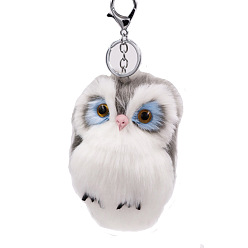 Gray Imitation Rabbit Fur Owl Pendant Keychain, with Random Color Eyes, Cute Animal Plush Keychain, for Key Bag Car Pendant Decoration, Gray, 15x8cm