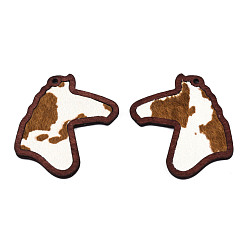 Brun Saddle Grands pendentifs en cuir de vachette écologique, avec du bois teint, tête de cheval, selle marron, 53.5x42x3mm, Trou: 2mm