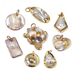 Seashell Color Natural White Shell Pendants, with Light Gold Plated Brass Edge, Mixed Shapes, Seashell Color, 16~34.5x16~32x3~9mm, Jump Ring: 6~8x1mm, Inner Diameter: 5~7mm