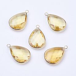 Champagne Yellow Golden Tone Brass Glass Teardrop Pendants, Faceted, Champagne Yellow, 18x10x5mm, Hole: 2mm