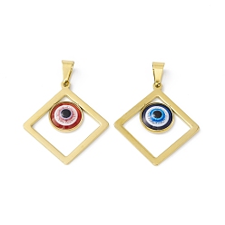 Mixed Color Vacuum Plating 304 Stainless Steel Resin Pendants, Golden, Rhombus Charms with Evil Eye, Mixed Color, 36x33x4mm, Hole: 9x4.5mm