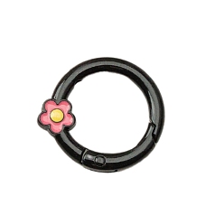 Black Spray Painted Alloy Spring Gate Ring, Ring with Flower, Black, 27x4mm, Hole: 1.3mm