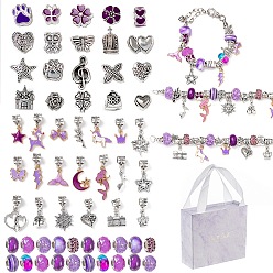 Medium Purple DIY Alloy European Bracelets Making Kits, including Alloy and Resin European Beads, Alloy Enamel Dangle European Charms, Paper Box, Medium Purple