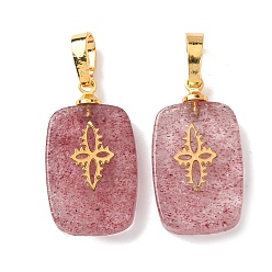 Клубничный Кварц Натуральные кварцевые подвески из клубники, с латунной фурнитурой и 304 кабошонами из нержавеющей стали, золотые, прямоугольник с цветочным узором подвески, 23~23.5x13~13.5x3.5~4 мм, отверстие : 7.5x4 мм