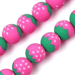Deep Pink Handmade Polymer Clay Beads Strands, Round with Strawberry, Deep Pink, 8mm, Hole: 1.2mm, about 40pcs/strand, 12.20''(31cm)