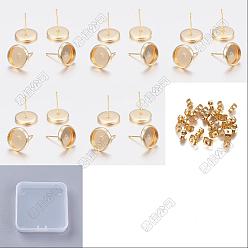 Real 18K Gold Plated 50Pcs 5 Styles 304 Stainless Steel Stud Earring Findings, Cabochon Settings, with 50Pcs Ear Nuts, Flat Round, Real 18K Gold Plated, Tray: 6~14mm, 8~16x1.5~2mm, Pin: 0.8mm, 10pcsc/style