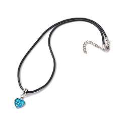 Deep Sky Blue Heart with Fish Scale Shape 304 Stainless Steel with Resin Pendant Necklaces, with Imitation Leather Cords, Deep Sky Blue, 17.52 inch(44.5cm)