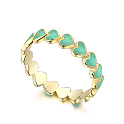 Medium Sea Green 925 Sterling Silver Heart Finger Rings with Enamel, Golden, Medium Sea Green, US Size 8(18.1mm)