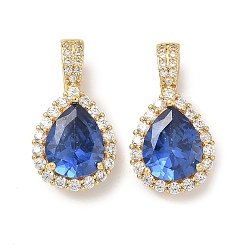 Синий Латунные микро проложить кубического циркония подвески, слезинки, реальный 18 k позолоченный, синие, 21x11.5x6 мм, отверстие : 5x3.5 мм