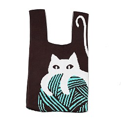 Cat Shape Polyester Mini Knit Tote Bags, Crochet Tote Handbag Lunch Box Bag, Cat Shape, 34x19.5x2.1cm