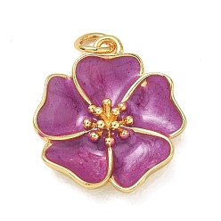 Golden Brass Enamel Pendants, Flower Charms, Rack Plating, Long-Lasting Plated, Cadmium Free & Lead Free, Golden, 20x18x3.8mm, Hole: 3mm