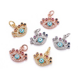 Mixed Color Brass Micro Pave Cubic Zirconia Charms, with Enamel and Jump Rings, Evil Eye, Colorful, Mixed Color, 13x15x3.5mm, Hole: 3mm