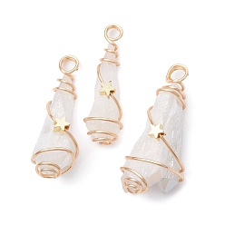White Electroplated Natural Quartz Crystal Dyed Copper Wire Wrapped Pendants, Teardrop Charms with Brass Star, Golden, White, 28~39x8~12x8mm, Hole: 4mm